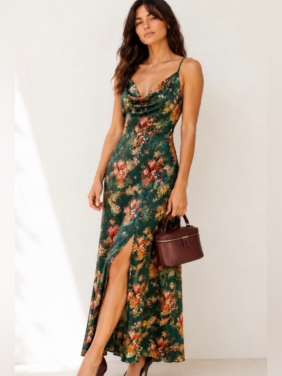 Mable Dresses & Skirts - Mable Floral Satin Cowl Neck Green Maxi Dress Small